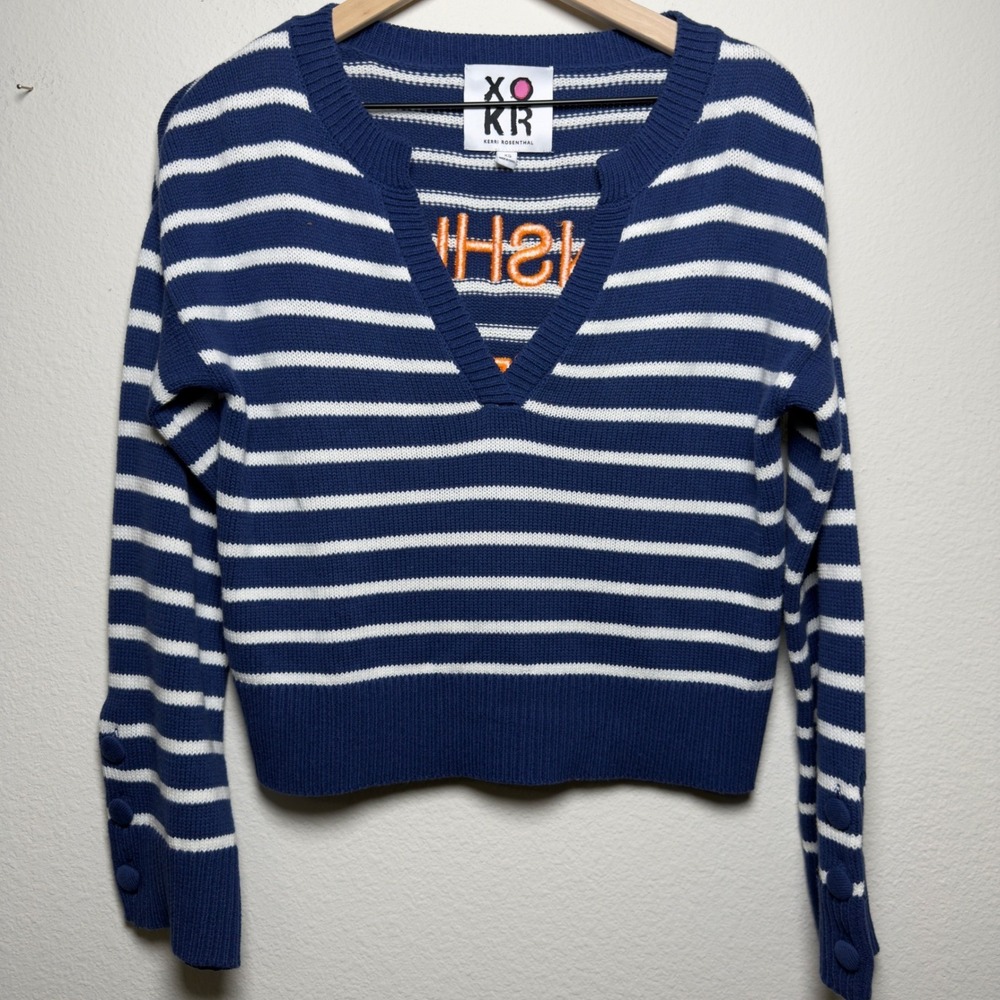 Kerri Rosenthal XOKR Women CottoN Sweater XS‎ Blue White Striped Sunshine Frame